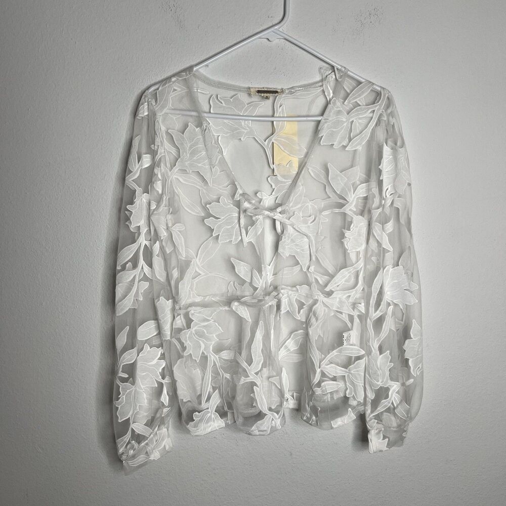 Amber Skies Sheer White Floral Front Ties Peplum Top Festival Whimsy Boho Size M